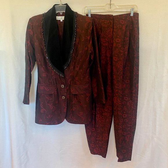 Sue Wong Pants - Vintage Sue Wong Brocade Velvet beaded collar Pant Suit Set
